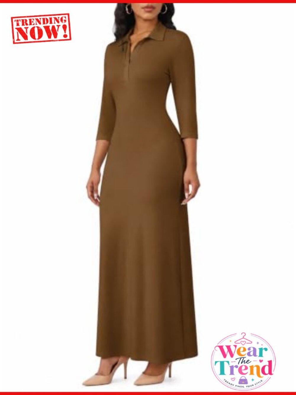 Polo V Neck Bodycon Maxi Dress 3/4 Sleeve Casual Formal